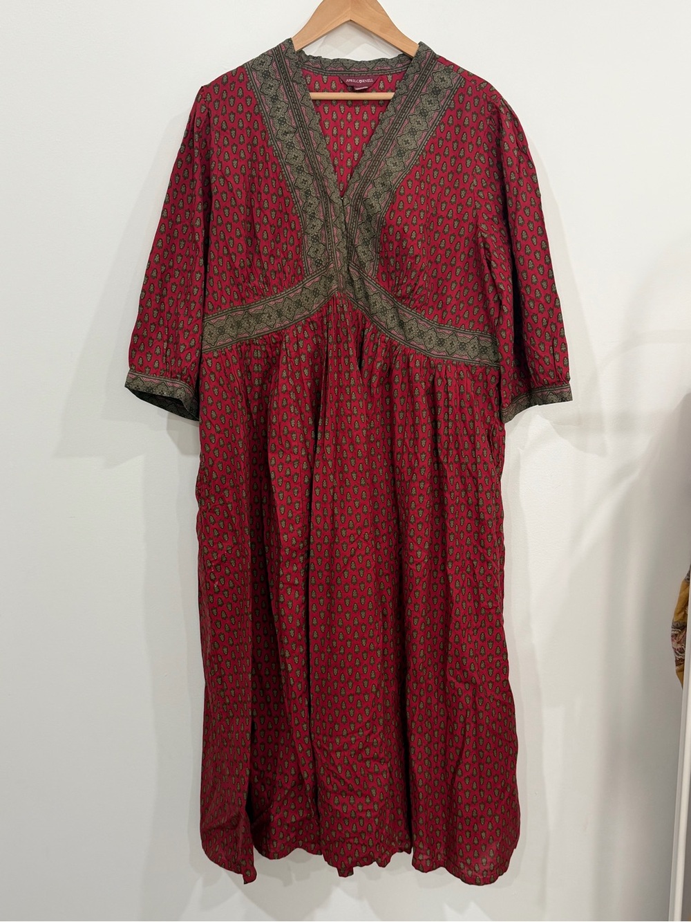 April Cornell Red Midi Dress with Olive Trim